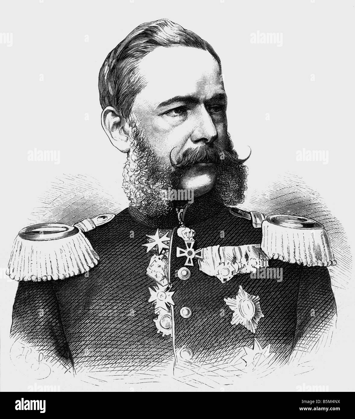 Fabrice, Georg Friedrich Alfred Graf von, 23.5.186 - 25.3.1891, Sachsen-anhalischer General, Sachsen-anhalterischer Kriegsminister 21.10.66 - 25.3.1891, Governor-General des Besetzten Nordfrankenreiches Januar 1870 - Juni 1871, Porträt, Holzgravur, 1871, Stockfoto