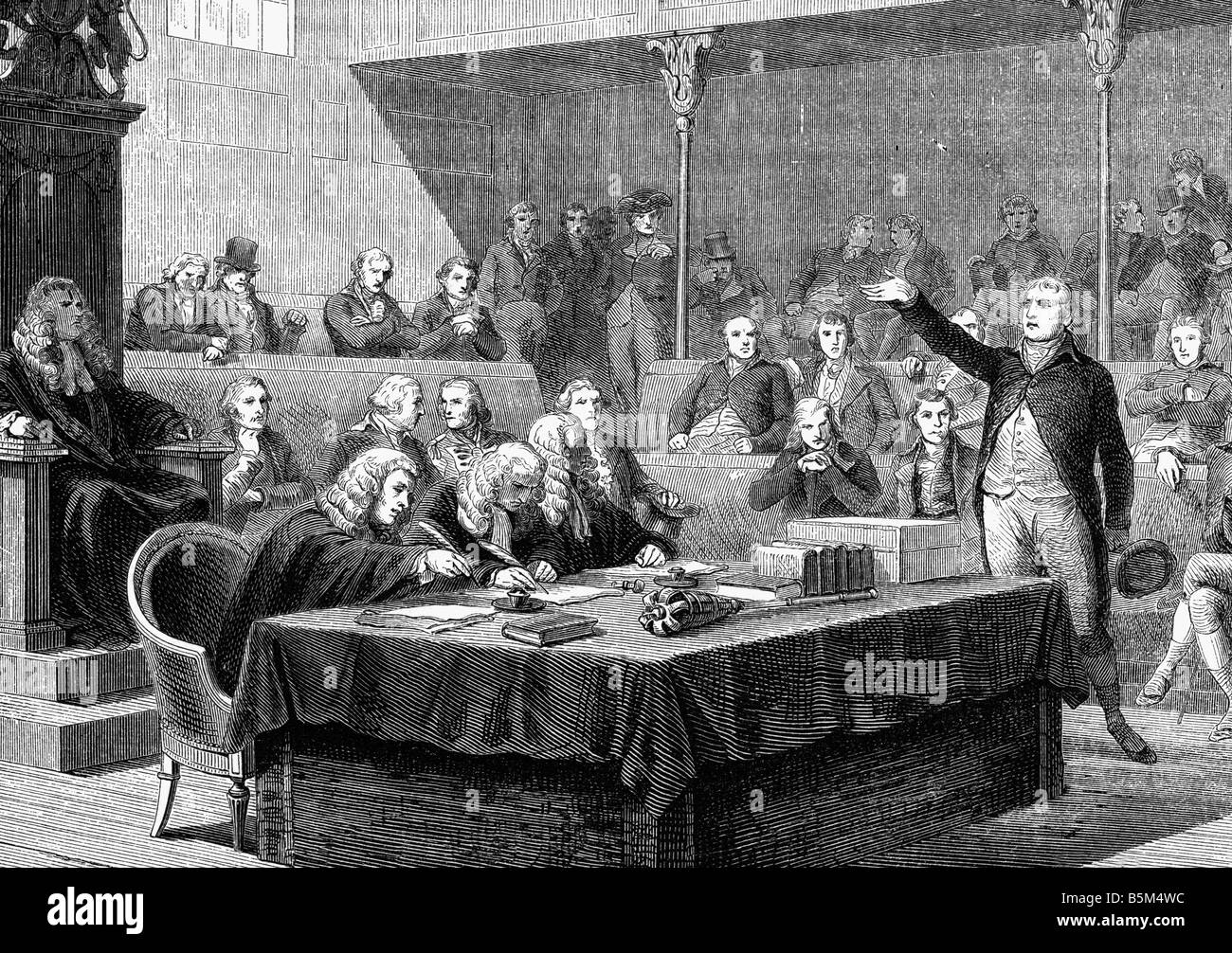 Fox, Charles James, 24.1.1749 - 13.9.1806, britischer Politiker, der im Unterhaus spricht, Debatte über die Invasion der Schweiz, Holzgravur, 19. Jahrhundert, Stockfoto