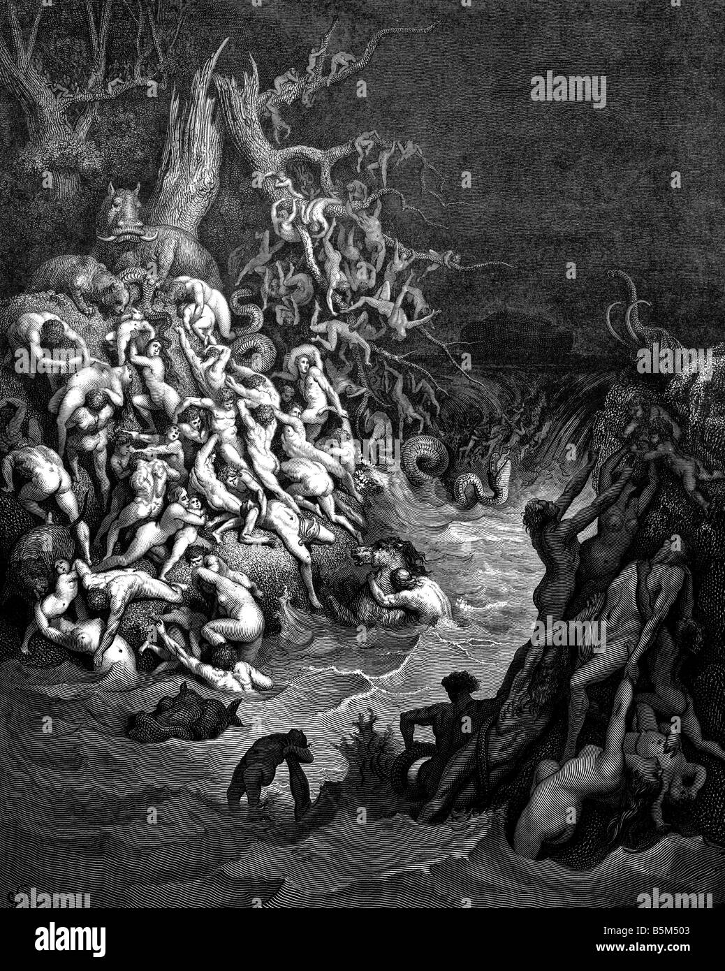 Religion, biblische Szenen, "Die Sintflut: Aufgang der Gewässer", holzstich von Gustave Dore (1832 - 1883), aus dem 19. Jahrhundert,, Artist's Urheberrecht nicht gelöscht werden Stockfoto