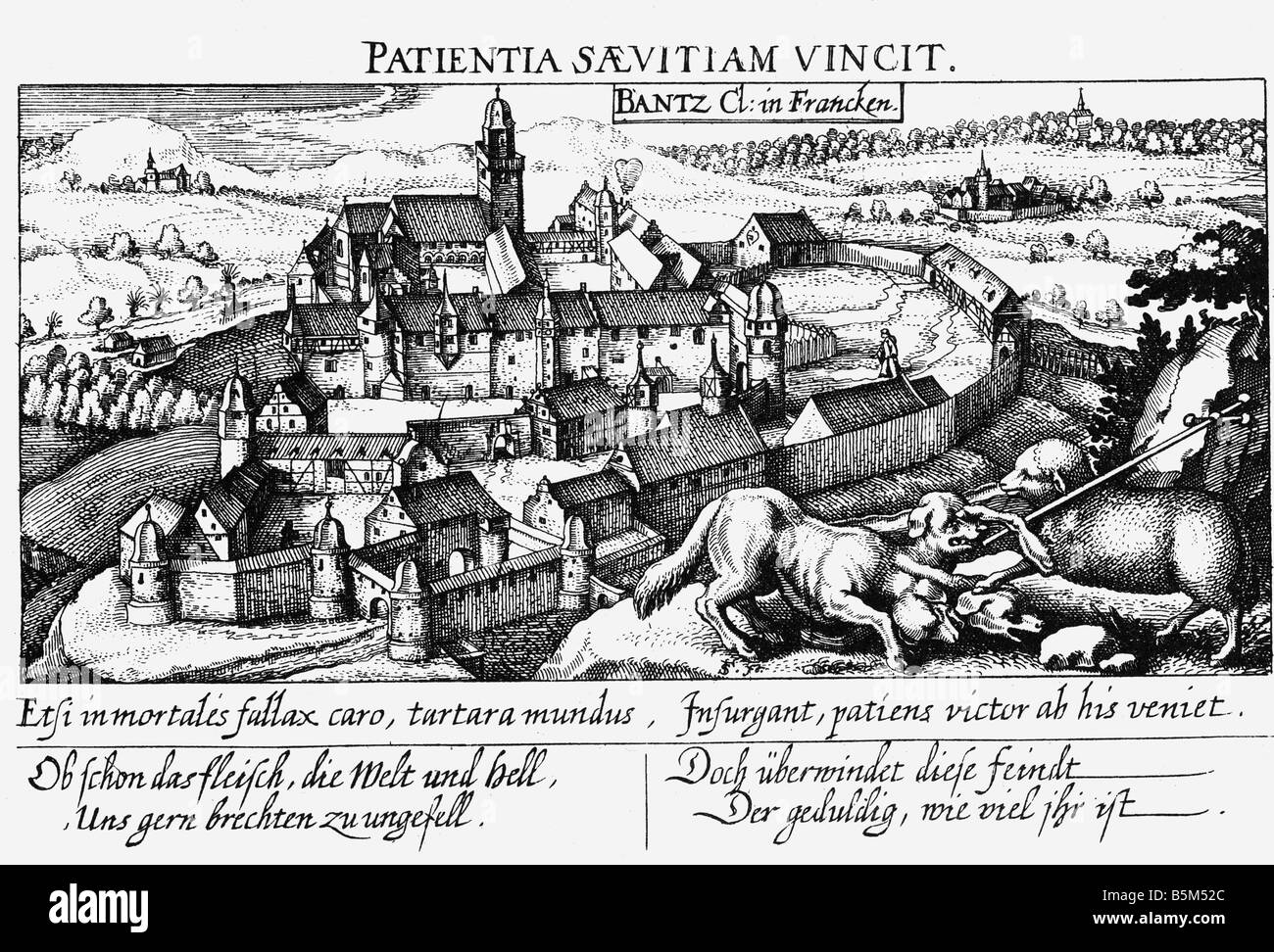 Architektur, Kirchen und Kloster, Deutschland, Stift Banz, 1070, Holzschnitt, 'Schatzkaestlein' von Meisner, 1628, Stockfoto
