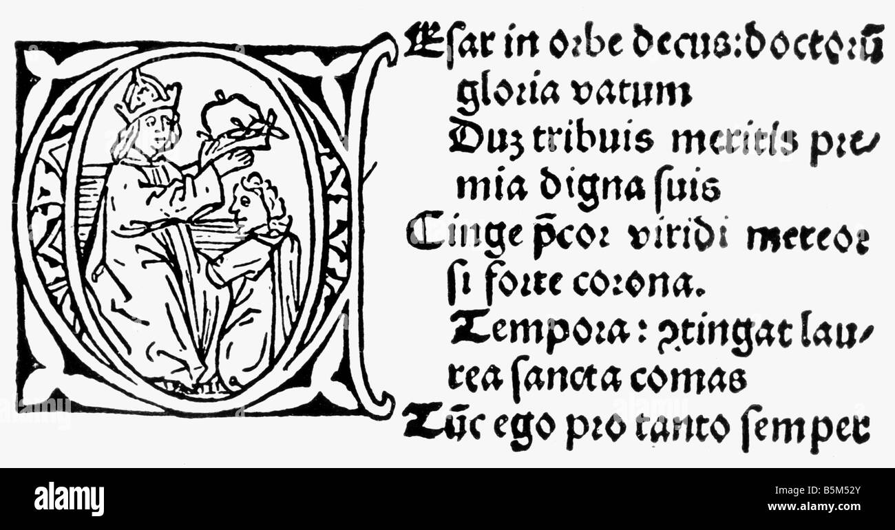 Celtes, Konrad, 1.2.1459 - 4.2.1508, deutscher Autor/Schriftsteller, Humanist, wird von Kaiser Friedrich III., Holzschnitt, aus "Conradi Celtis proseuticum ad divim Fridericum tercum pro laurea Appolinari", Nürnberg, Deutschland, 1487, zum Dichter gekrönt. Stockfoto