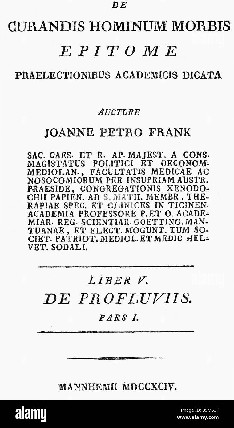 Frank, Johann Peter, 19.3.1745 - 24.4.1821, deutscher Arzt, Werke, "de curandis hominum morbis epitome", Titel, Buch 5, Mannheim, Deutschland, 1704, Stockfoto