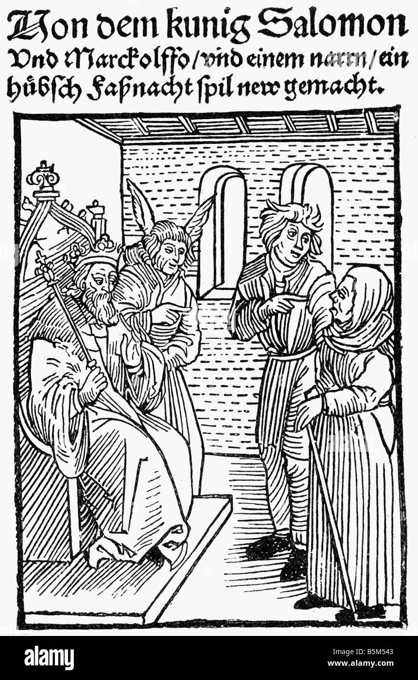 Folz, Hans, ca. 1435/1440 - 1513, deutscher Autor/Schriftsteller, Werke, Fastnachtspiel (Karnevalsspiel) 'Von dem Kunig Salomo...' (Über König Salomo), Titel, Holzschnitt, Nürnberg, Stockfoto