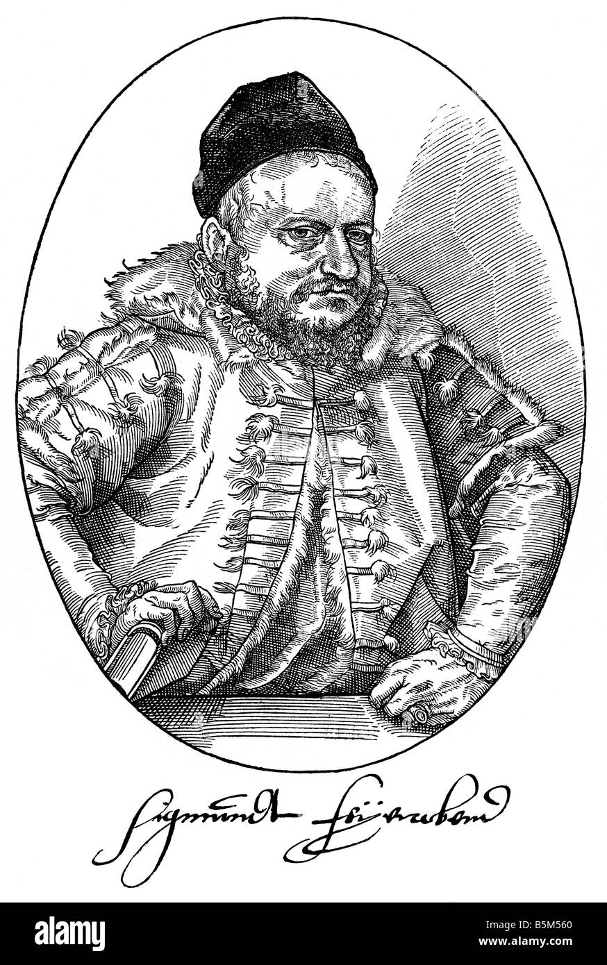 Feyerabend, Sigmund, 1528 - 22.4.1590, deutscher Drucker und Verleger, halbe Länge, Holzschnitt von Jost Amman, 1568, Stockfoto