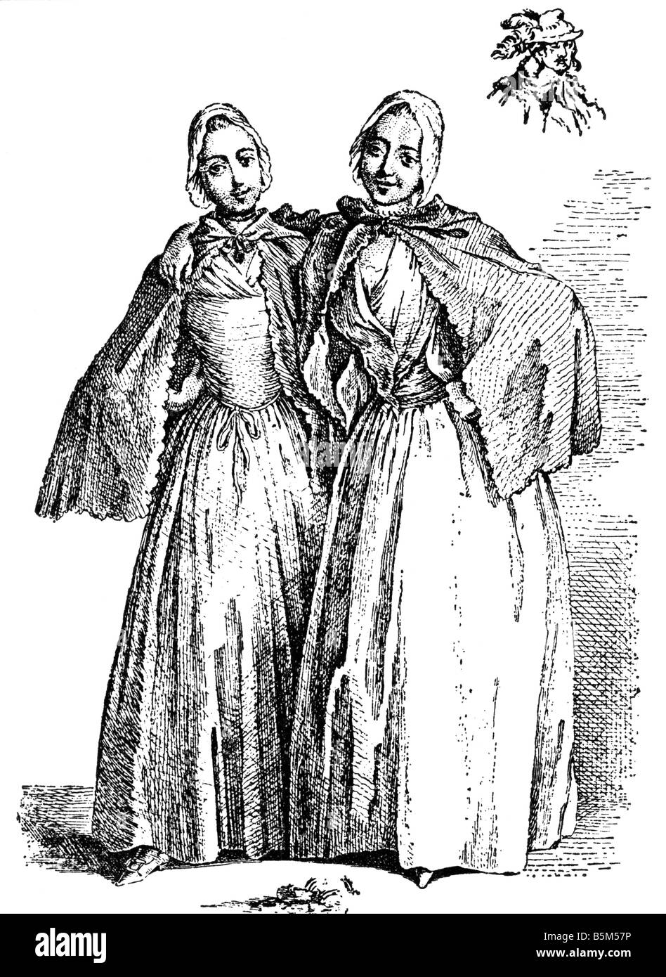 Mode, 18. Jahrhundert, Deutschland, Berlin, zwei Mädchen aus der französischen Kolonie, Kupferstich von Daniel Chodowiecki, 1758, Stockfoto