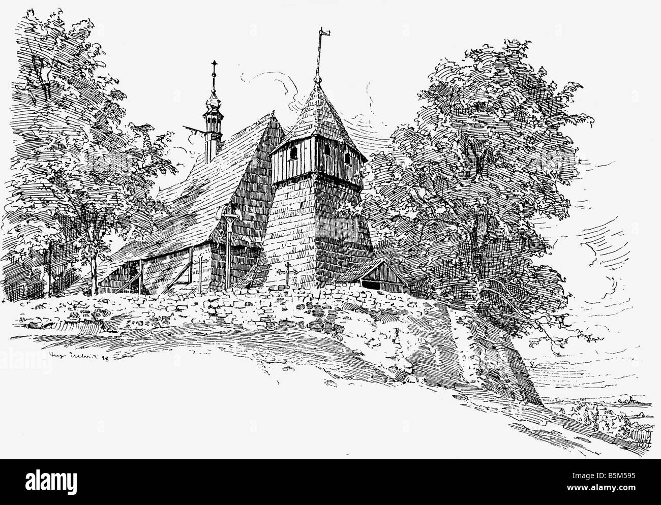 Architektur, Kirchen und Kloster, Polen, Holzkirche im Park von Bytom, Zeichnung, ca. 1918, Stockfoto