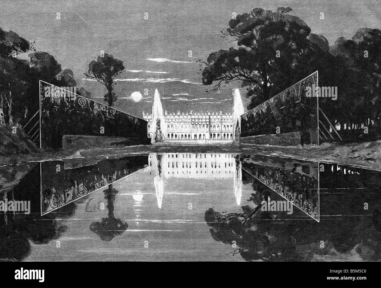 Architektur, Schlösser, Deutschland, Bayern, Schloss Herrenchiemsee, Baujahr 1878 - 1886, Außenansicht, Park, Latona-Gebiet, entworfen von Carl von Effner, Holzgravur, um 1890, Wittelsbach, König Louis II, Oberbayern, Königreich, 19. Jahrhundert, historisch, historisch, Ludwig, Stockfoto