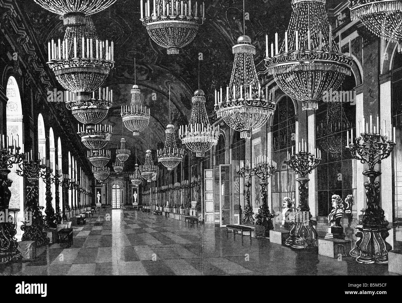 Architektur, Schlösser, Deutschland, Bayern, Schloss Herrenchiemsee, Baujahr 1878 - 1886, Architekt: Georg Dollmann, Innenansicht, Spiegelsaal, Holzgravur, ca. 1890, Brunnen, Wittelsbach, König Louis II, Oberbayern, Königreich, 19. Jahrhundert, historisch, Ludwig, Stockfoto