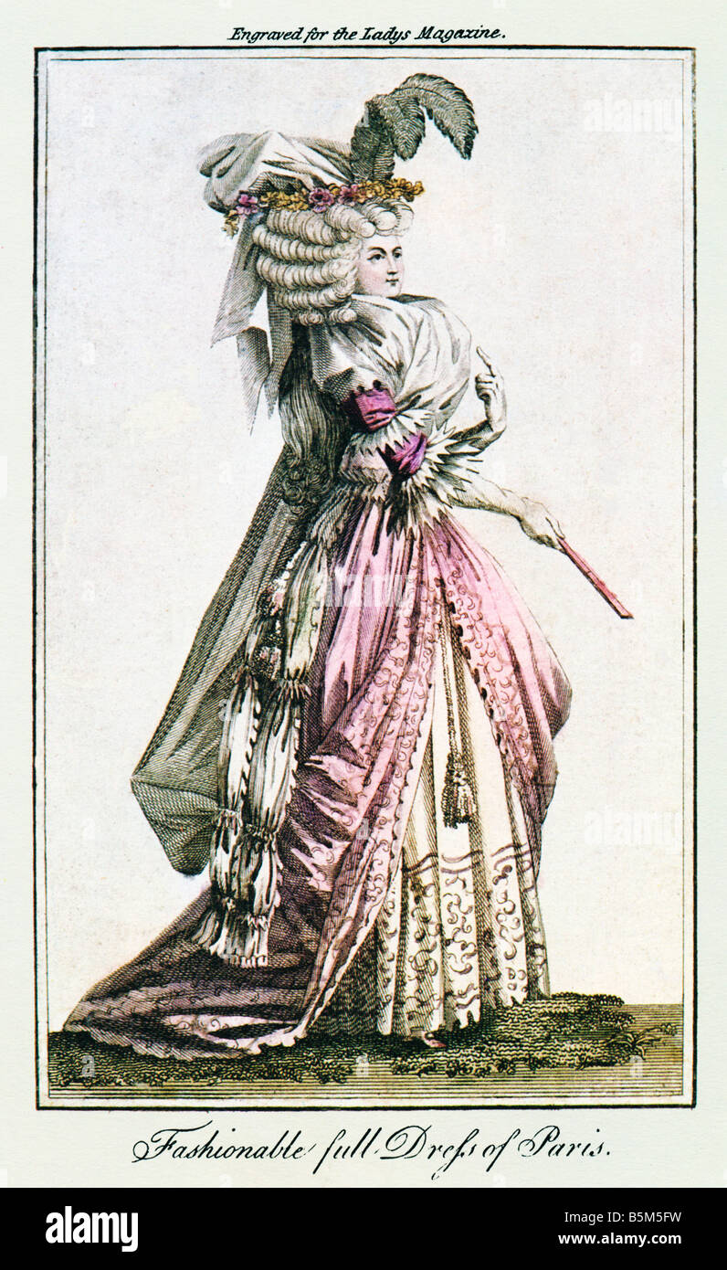 Volles Kleid von Paris 1789 Modefarbe Drucken aus dem englischen Ladys-Magazin aus der französischen Kabinett des Modes kopiert Stockfoto