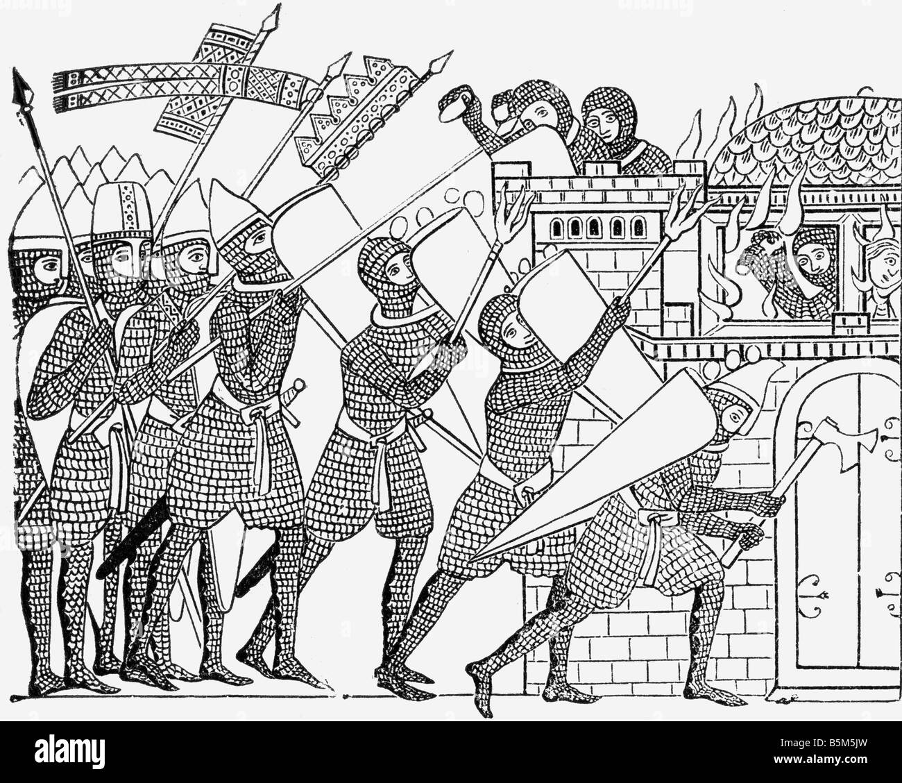 Mittelalter, Ritter, Belagerung einer Burg, Holzgravur, 19. Jahrhundert, nach "Hortus deliciarum" von Herrad von Landsberg (1125/1130 - 1195), Stockfoto
