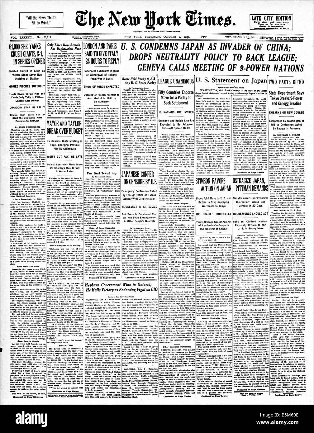 Japan China Invades 1937 Schlagzeile aus der New York Times vom 7. Oktober, wenn Japan China überfallen Stockfoto