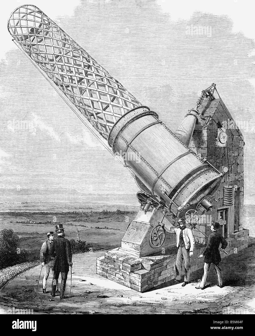 Astronomie, Instrumente, Melbourne Äquatorial-Teleskop der Grubb Telescope Company, Newcastle, Holzgravur, Stockfoto