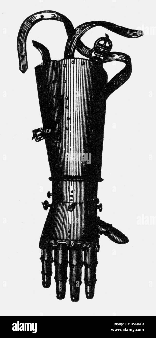 Medicien, Anatomie, künstliche Gliedmaßen, eiserner Arm von Geotz von Berlichingen, 1505, Holzgravur, 19. Jahrhundert, Prothese, Extremitäten, Hand, 16. Jahrhundert, historisch, historisch, Gotz, Götz, Stockfoto