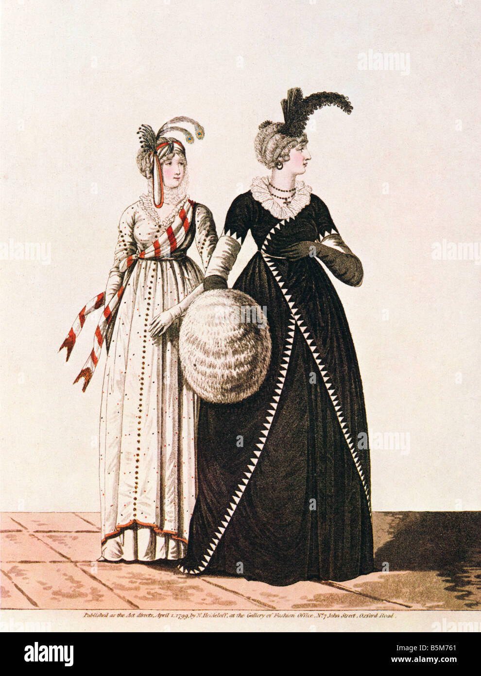 Am Nachmittag Kleider 1799 Farbdruck von formalen Damen Kleidung aus der Gallery of Fashion, veröffentlicht von Heidelhoff Stockfoto