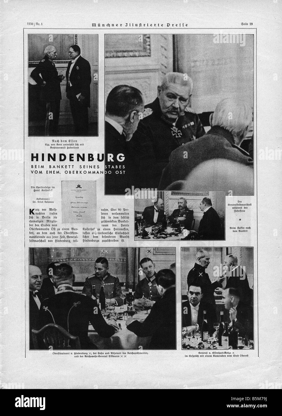 1 H73 F1929 16 Hindenburg am Festmahl des obersten Befehl Hindenburg Paul von Reich 1925 34 1847 1934 Präsident Hindenburg bei Banq Stockfoto