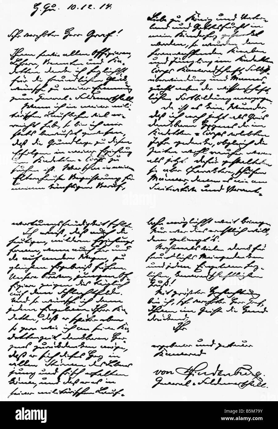 1 H73 S1914 Brief von Hindenburg 10. Dezember 1914 Hindenburg Paul von Field Marshal und imperialen Präsidenten Reich Präsident 184 Stockfoto