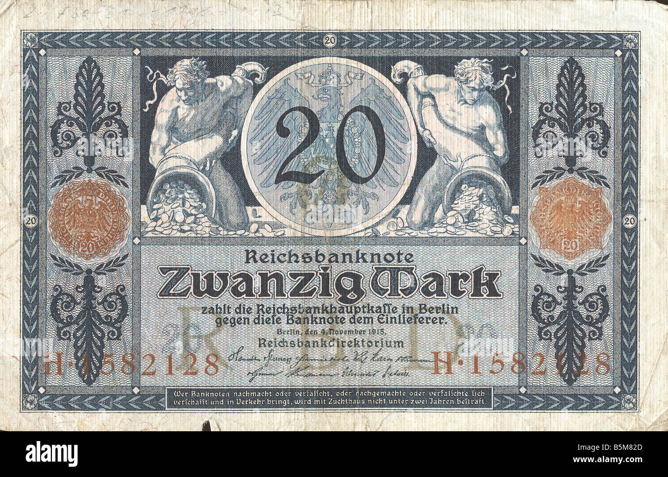 2 F30 D1 1915 1 20 Mark 1915 Finanzen Banknoten Deutsche Reich Banknoten aus der Zeit des 1. Weltkrieges 1914-18 20 Mark Stockfoto