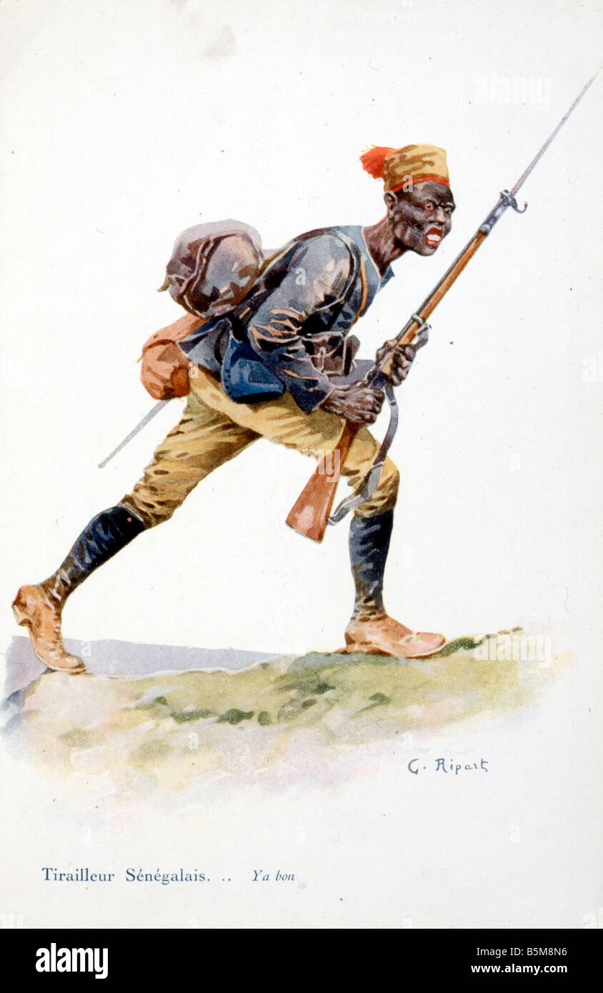 2 G55 H1 1916 1 E senegalesischen Infanteristen Farbe drucken Geschichte Weltkrieg ein Hilfstruppen Tirailleur Senegalais Ya Bon Kleinkind Stockfoto