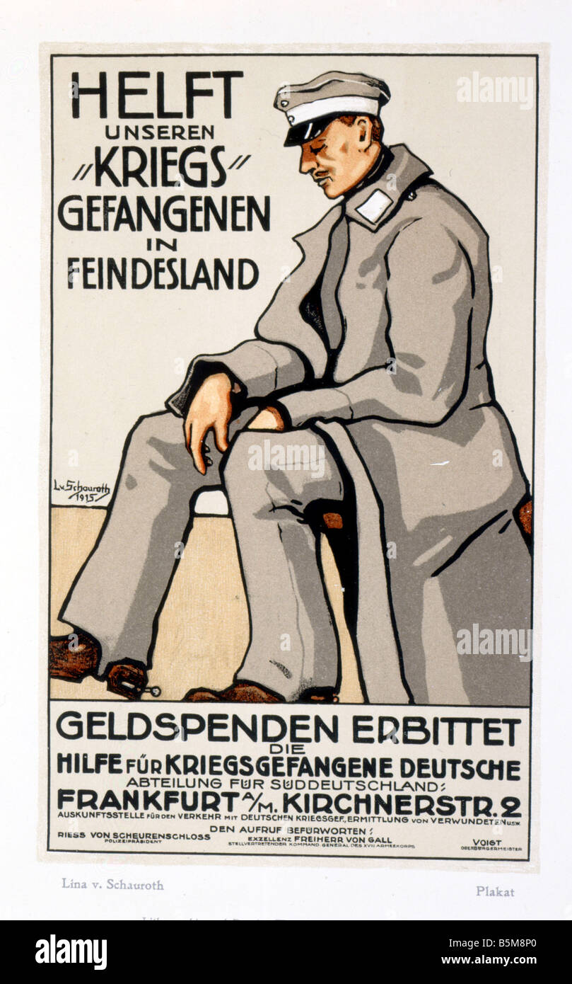 2 G55 K1 1915 1 E-Poster für deutsche Kriegsgefangene WWI 1915 Geschichte Weltkrieg Kriegsgefangene helfen unseren Kriegsgefangenen in Feind Revier Stockfoto