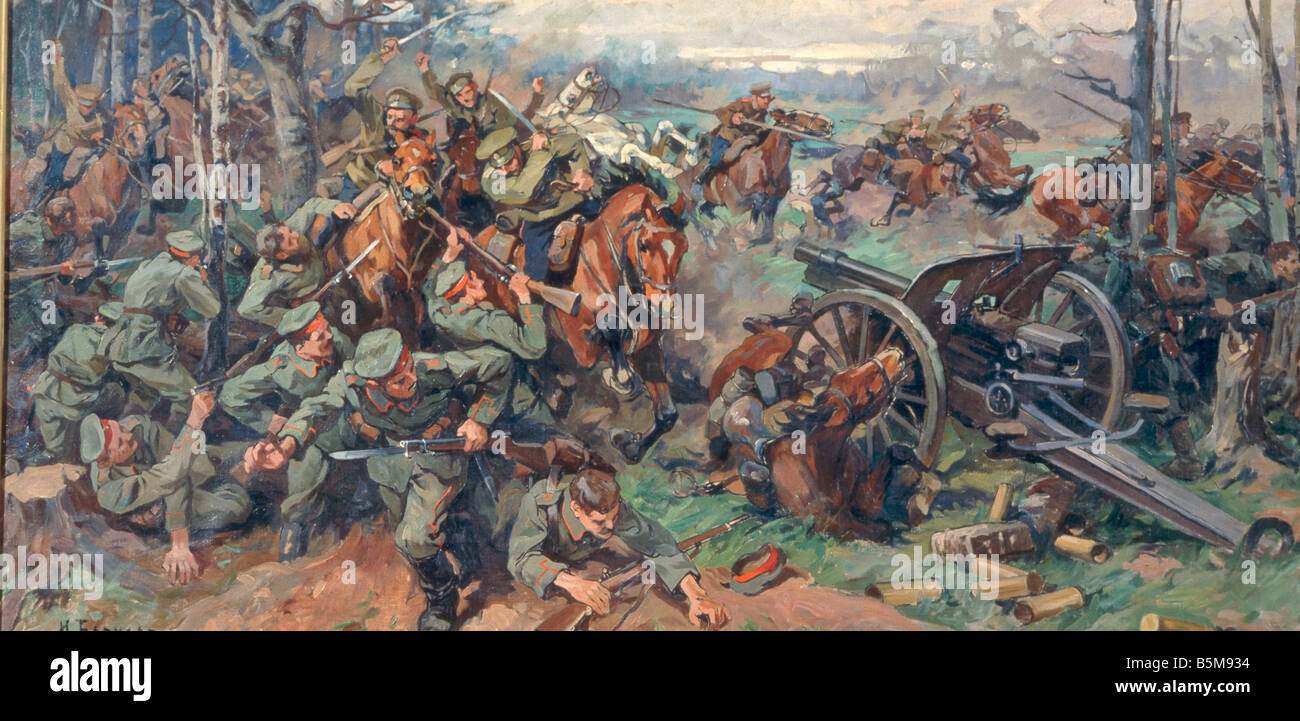 2 G55 O1 1915 27 WWI Angriff der russischen Kavallerie Geschichte WWI Dickey Front russische Kavallerie Angriff auf deutsche Pistole Position im 191 Stockfoto