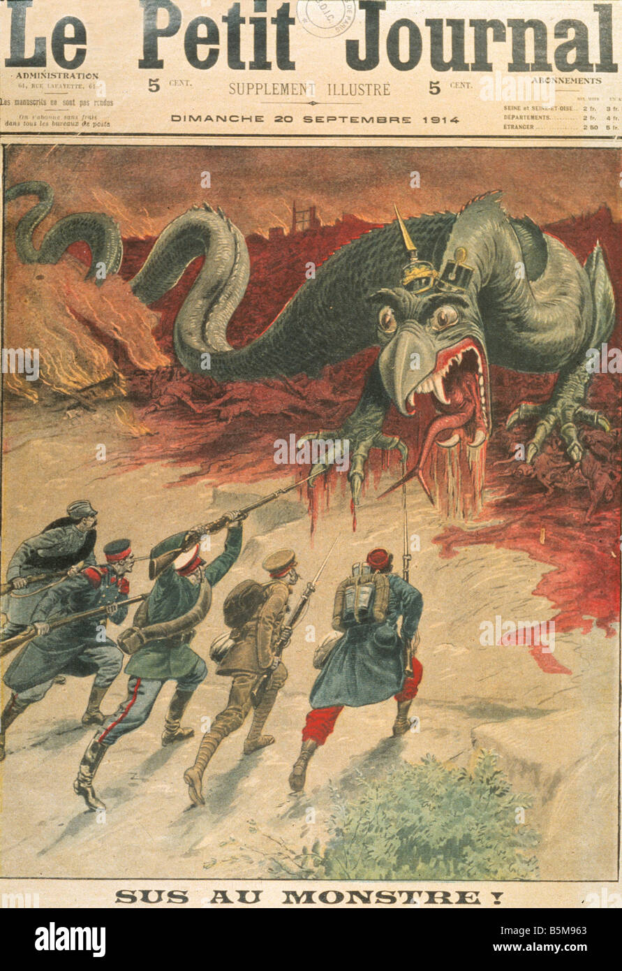 2 G55 P1 1914 1 gegen Dragon Cartoon WWI Geschichte Weltkrieg Propaganda Sus au Monstre gegen das Dragon Drachen repräsentiert Stockfoto