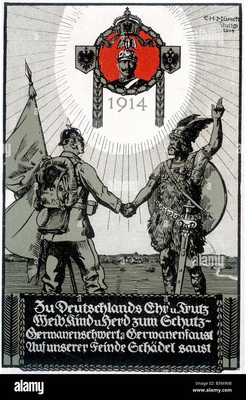 2 G55 P1 1914 17 teutonischen Schwert Propaganda Postkarte Geschichte Welt Krieg ich Propaganda Germanenschwert Germanenfaust Auf Unserer Fei Stockfoto