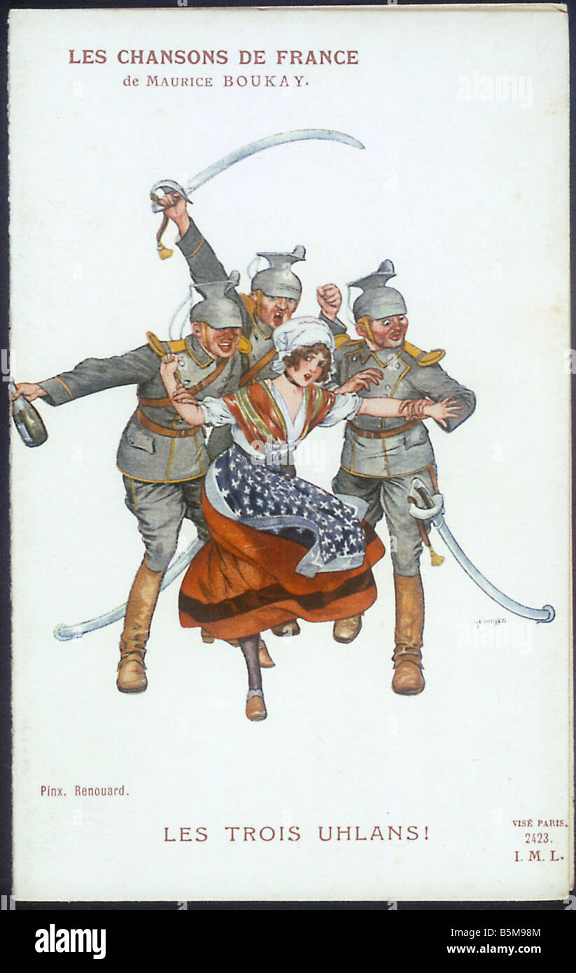 2 G55 P1 1914 98 WWI Les Trois Ulans Frech Lied Geschichte WWI Propaganda LES TROIS ULANEN Farbe drucken auf einer Illustration von basierend Stockfoto