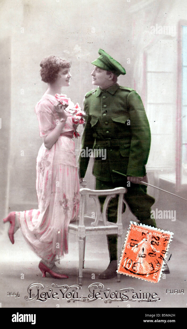 2 G55 P1 1915 59 ich liebe dich Postkarte WWI Geschichte Weltkrieg Propaganda ich liebe dich Je Vous Aime Französisch Bild Postkarte Studio Stockfoto