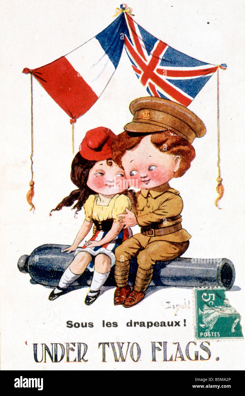 2 G55 P1 1915 64 unter zwei Flaggen Postkarte WWI Geschichte Weltkrieg Propaganda unter zwei Flaggen Sous Les Drapeaux symbolisch darzustellen Stockfoto