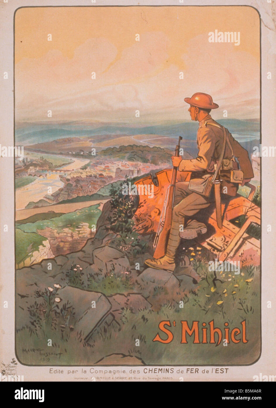 2 G55 P1 1918 58 WW I St Miehiel Französisch Plakat 1919 Geschichte Erster weltkrieg Propaganda St. Mihiel US-Soldat auf einem Hügel auf der Suche Stockfoto