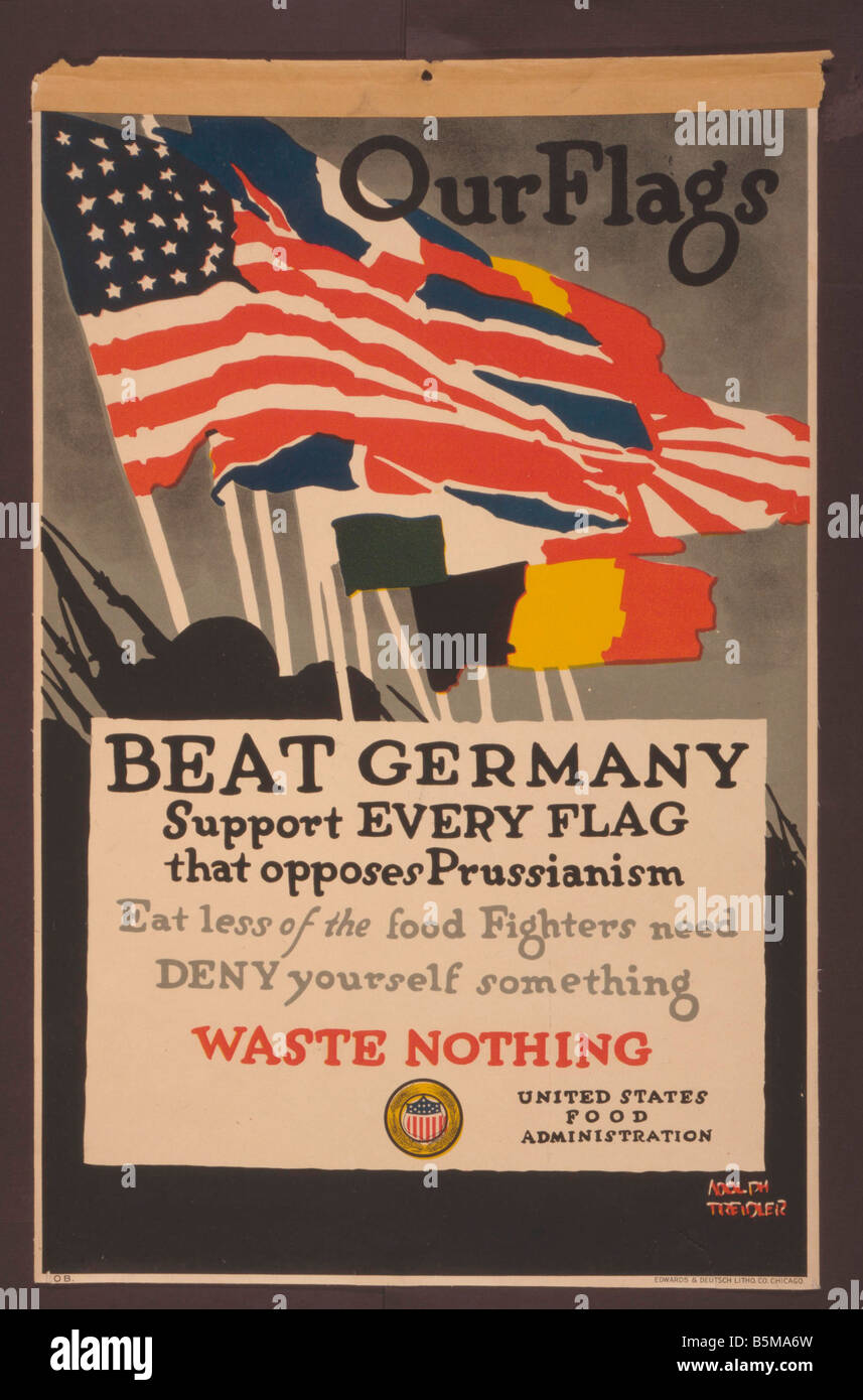 2 G55 P1 1918 59 WW schlagen Deutschland Poster USA 1918 Geschichte Weltkrieg Propaganda BEAT Deutschland unterstütze jede Fahne, die gegen P Stockfoto
