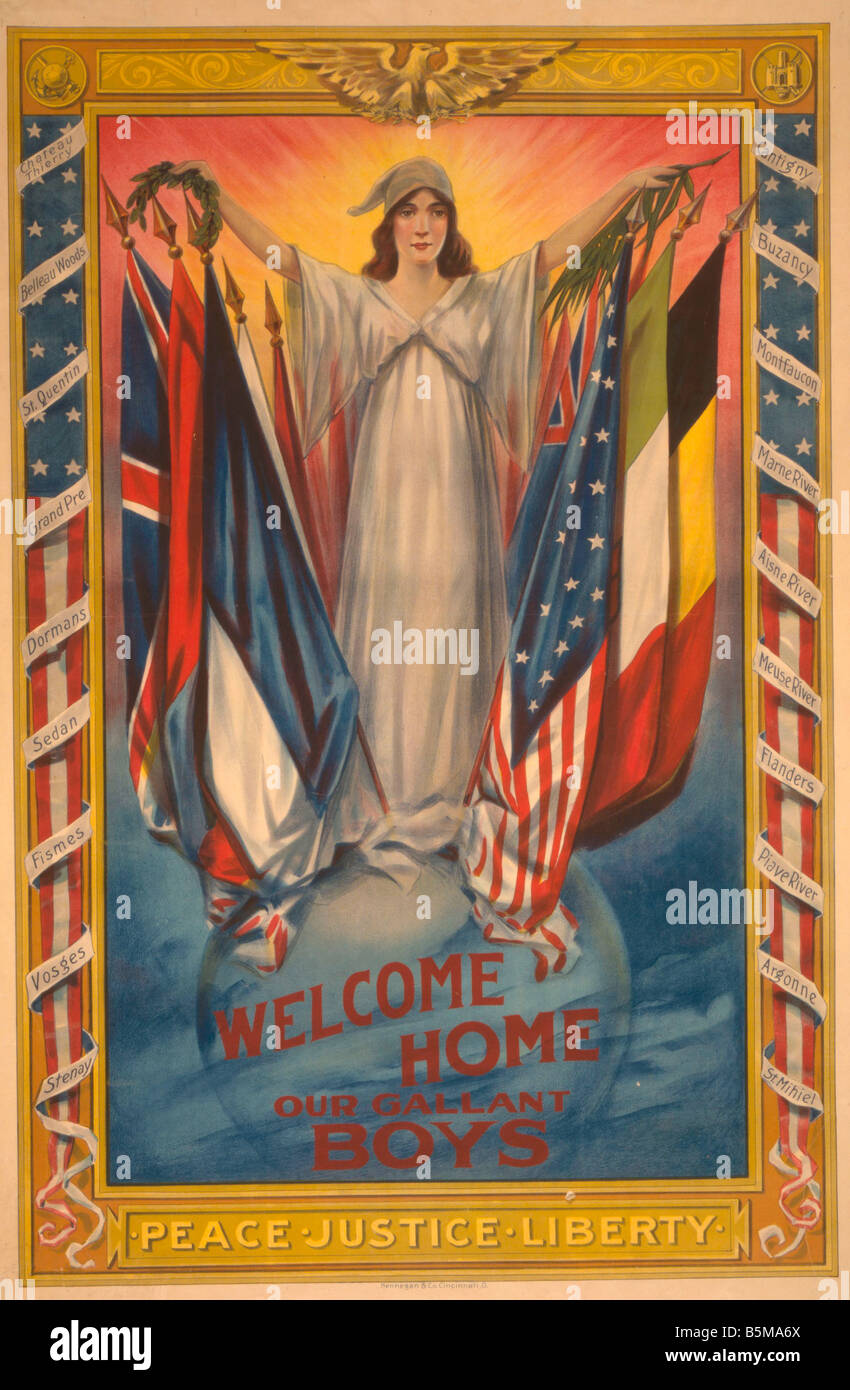2 G55 P1 1918 60 WW begrüße ich zuhause Poster USA 1918 Geschichte Weltkrieg Propaganda Welcome home unsere tapferen Boys US-Propaganda auf Stockfoto