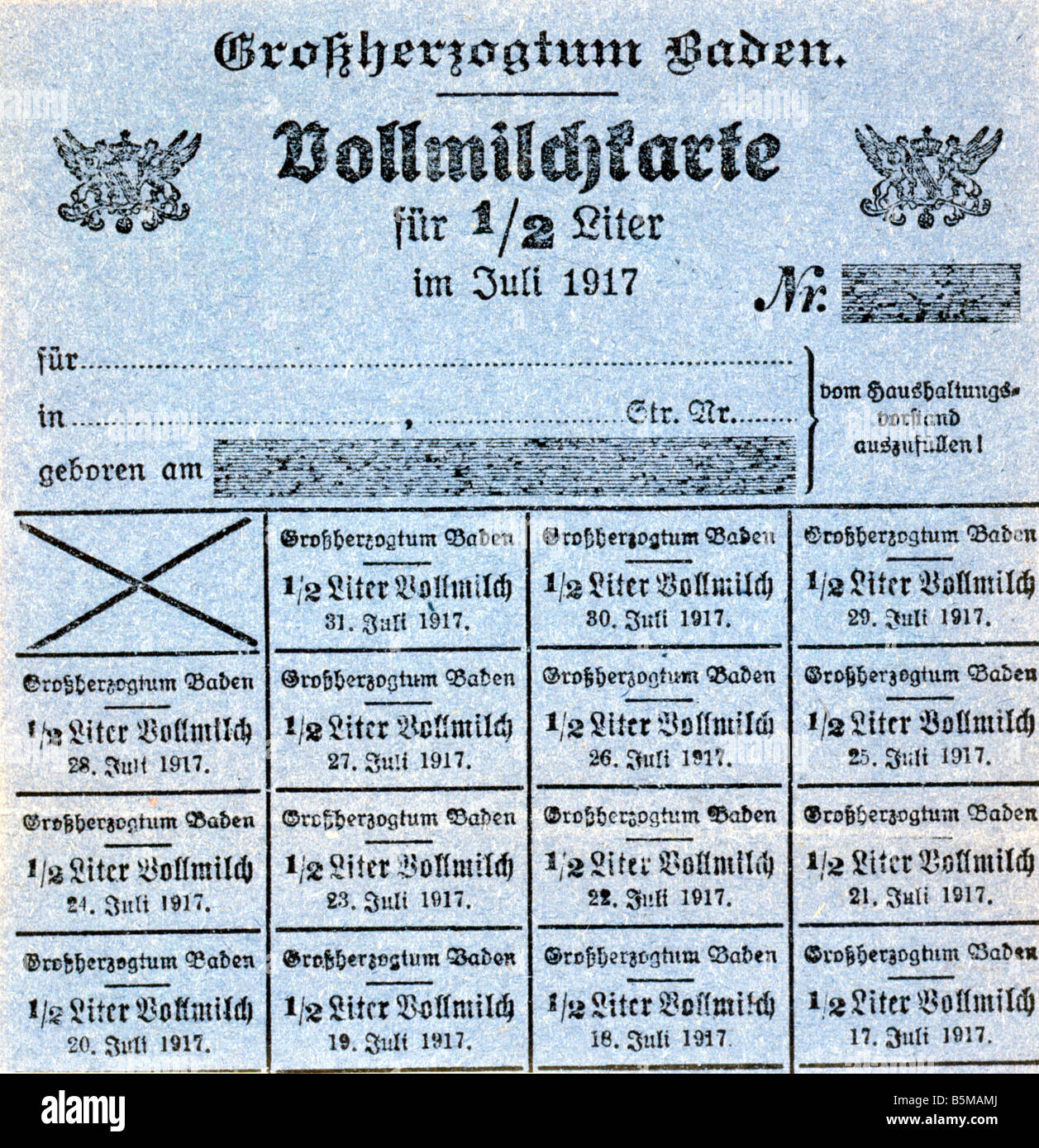 2 G75 L1 1917 8 E Ration Karten Milch WWI Deutschland Geschichte Deutschland Essen Rationierung während ersten Weltkrieges 1914-18 Serie von Essen Ra Stockfoto