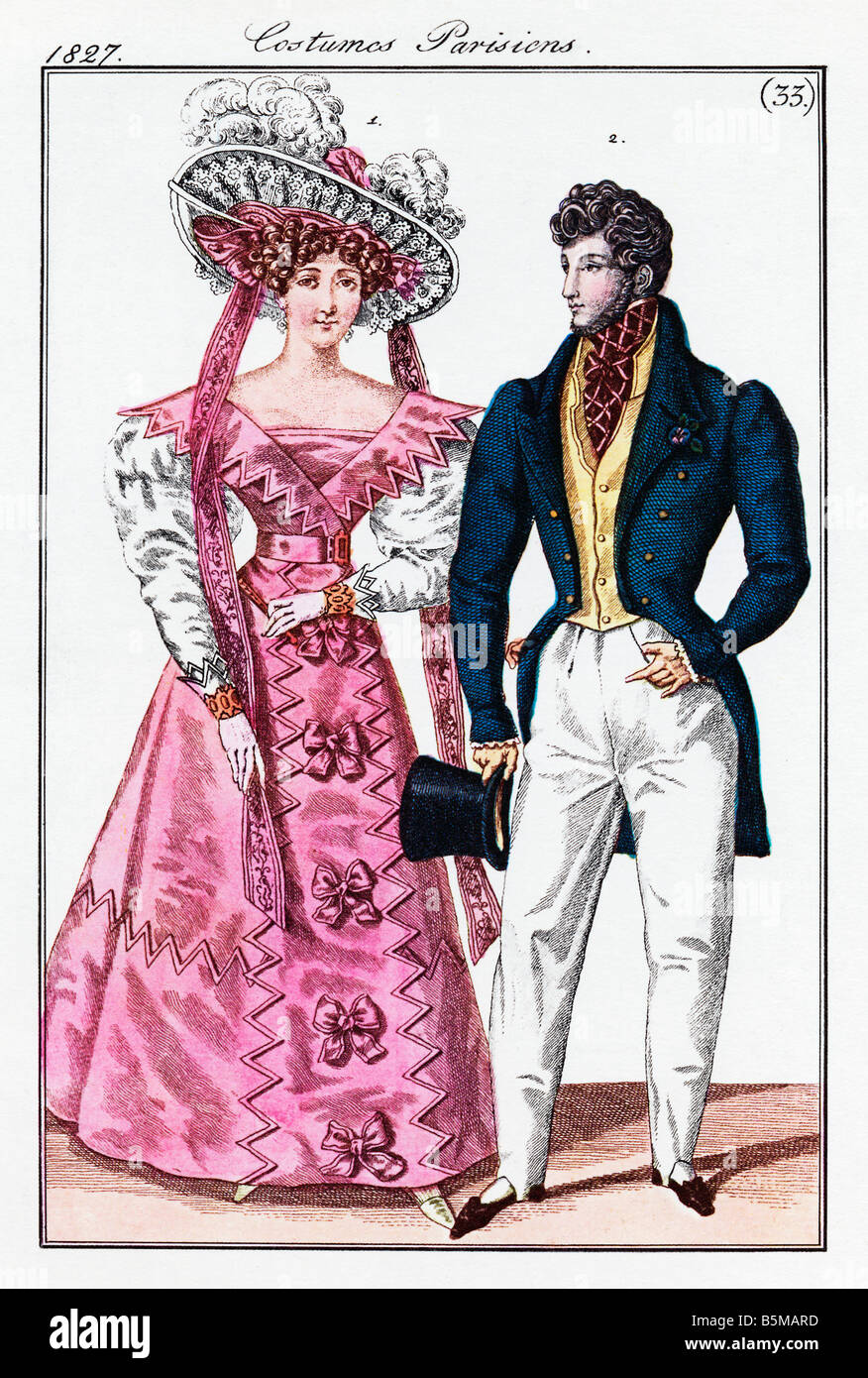 Kostüme Parisiens 1827 Farbe zu drucken, der die neuesten Kleider aus einem Modemagazin Stockfoto