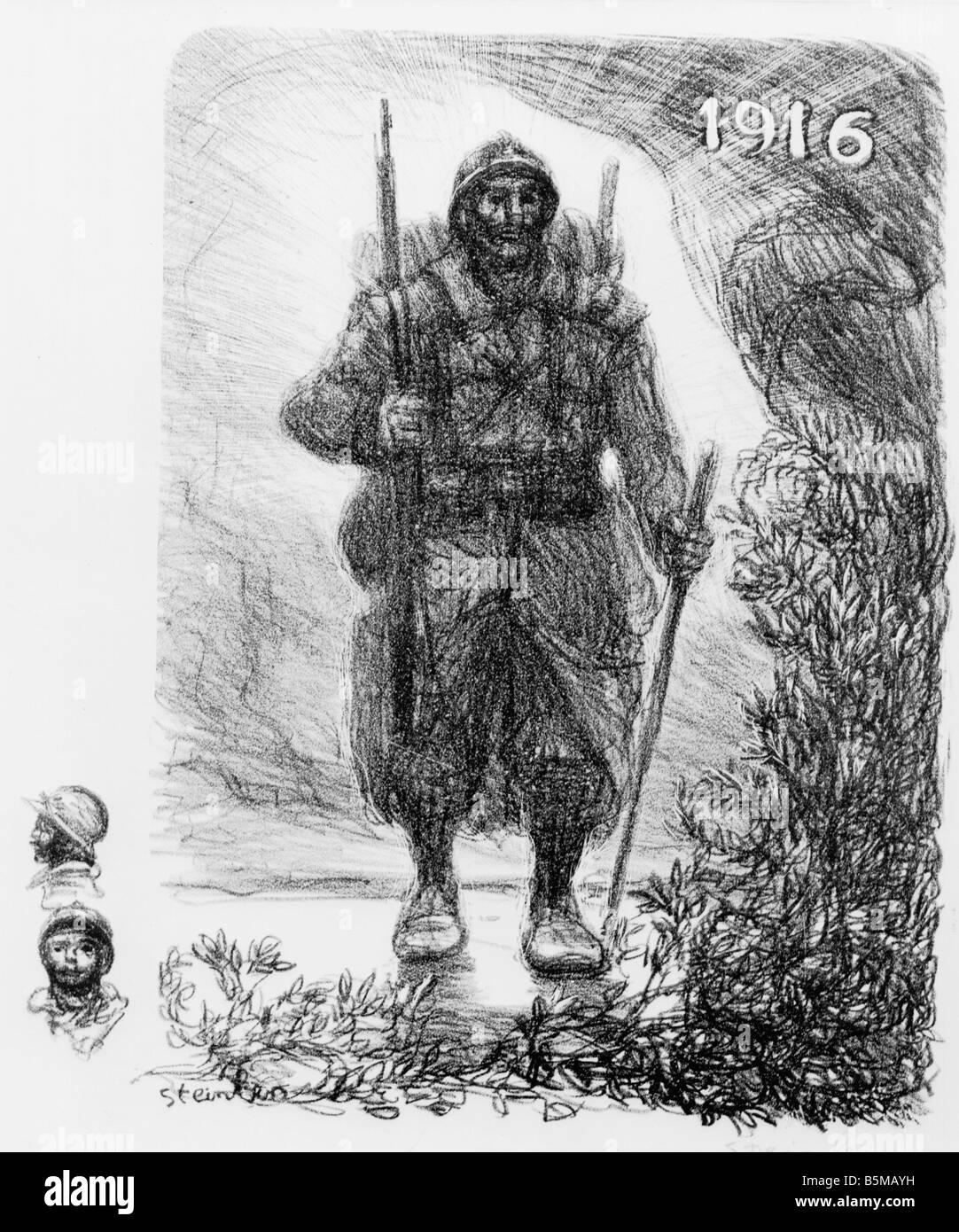 2 M70 F1 1916 7 Frankreich Soldat 1916 Litho von Steinlen militärischen Länder Frankreich Soldat stehend mit Gewehr und Feld pack Kreide Stockfoto