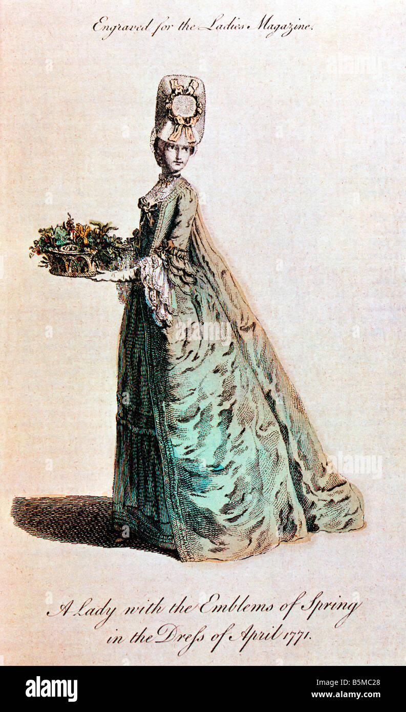 Damen-Magazin 1771 Print ausgestellt in Farbe A Lady mit den Emblemen des Frühlings in das Kleid von 1771 Stockfoto