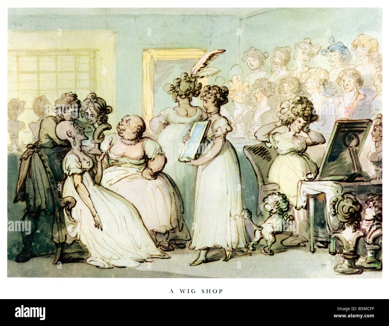 Rowlandson A Perücke Shop modische georgischen Damen betrachten tonsorial Verbesserungsmöglichkeiten Stockfoto
