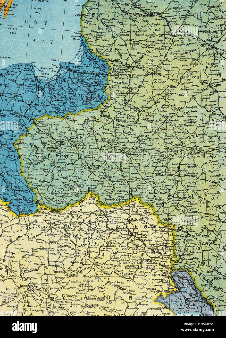 9 1914 0 0 F2 Karte der östlichen Front 1914-15 ersten Weltkrieg östlichen vorderen Karte der östlichen vorderen Polen Russland 1914-15 Stockfoto