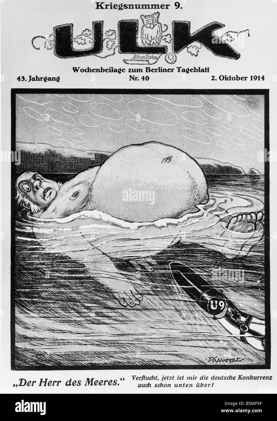 9-1914-10-2 E1 E 1. Weltkrieg U Boote Karikatur 1914 1. Weltkrieg deutschen U Boote den Mann auf dem Meer-Karikatur von E Kuntze aus U Stockfoto