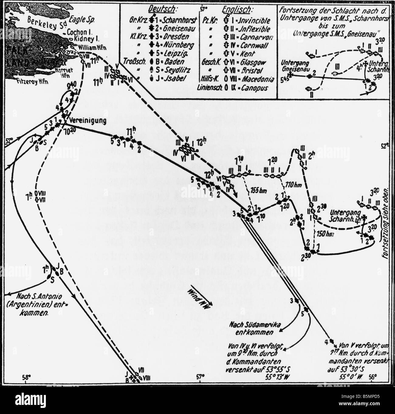 9 1914 12 8 F1 Schlacht der Falklandinseln 1914 Karte 1. Weltkrieg Seekrieg Seeschlacht in Falkland Isands werden Tween Ger WOC Stockfoto