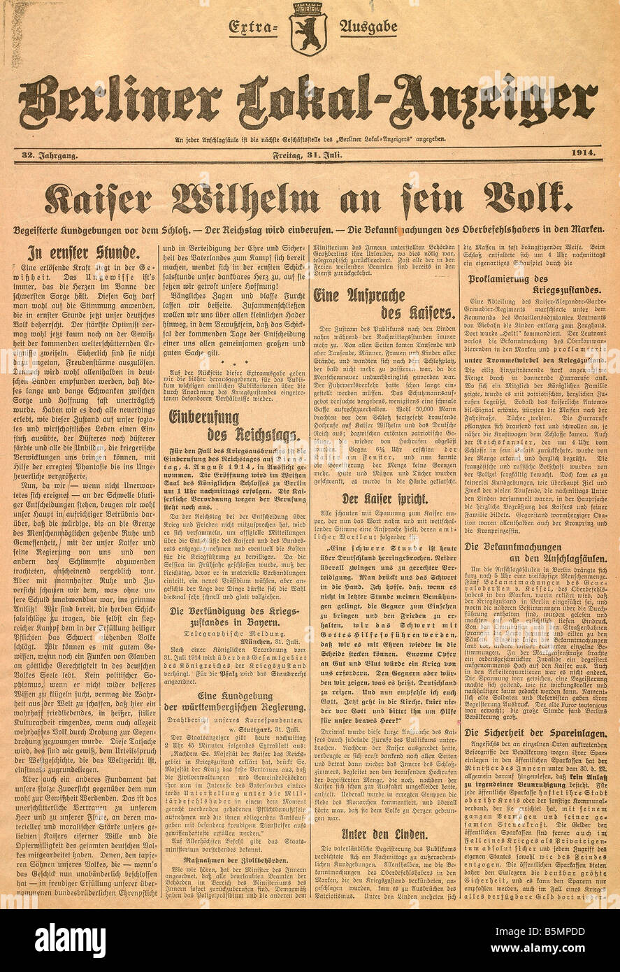 9 1914 7 31 E1 bevorstehende Bedrohung durch Krieg 1914 Extra Ed Weltkrieg 1914-18 1 vorherige Geschichte Kaiser Wilhelm II. ordnet ein Bundesstaat Im Stockfoto