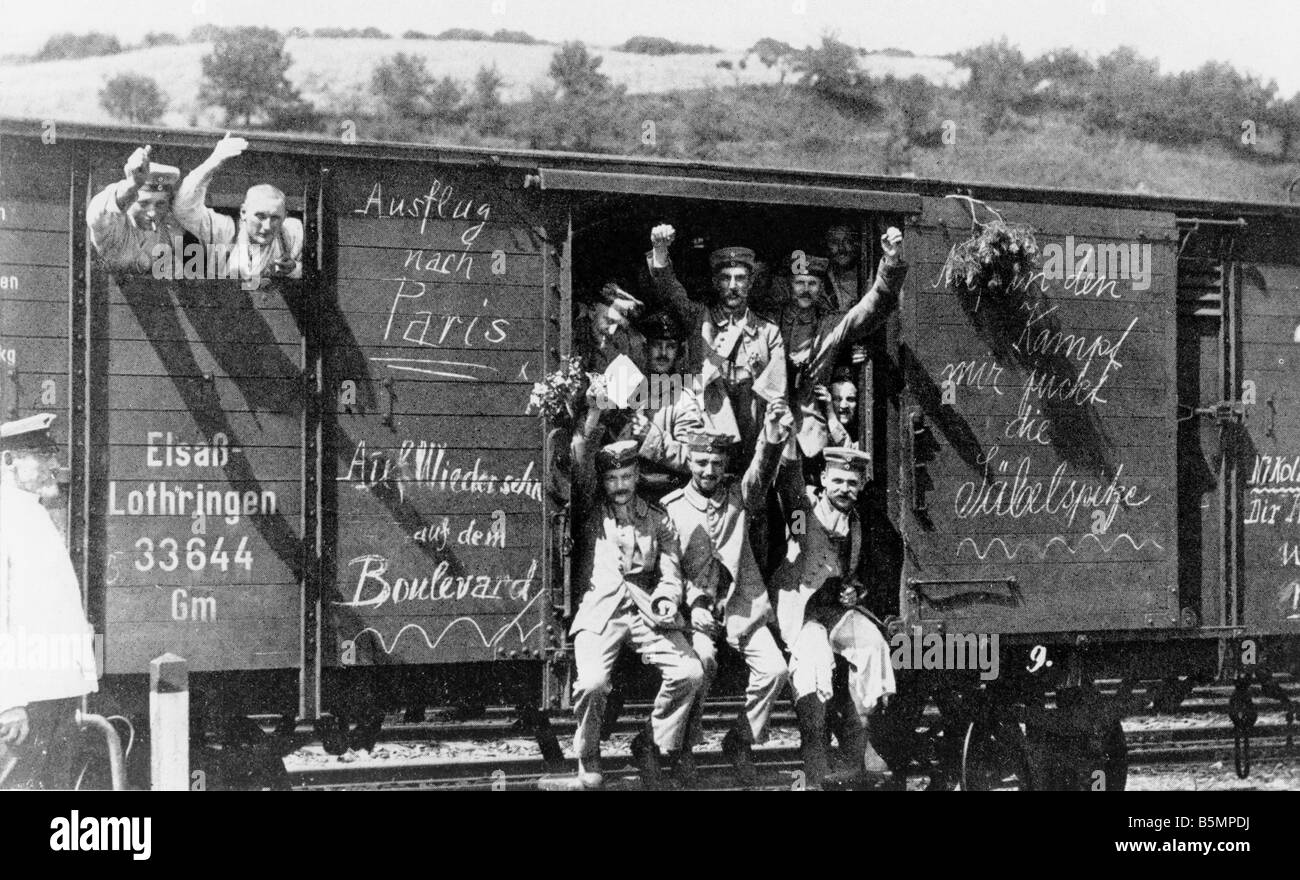 9 1914 8 0 A5 Mobilisierung der deutschen Truppen 1914 Geschichte Weltkrieg eine Mobilisierung August 1914 Abfahrt eines Zuges Truppe gebunden Stockfoto