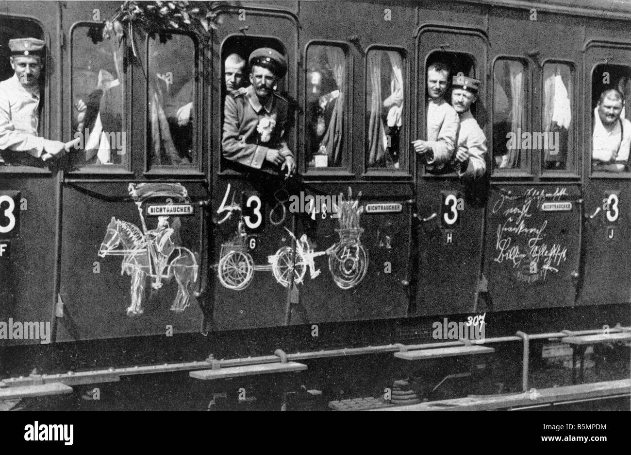9 1914 8 0 A6 WWI Mobilisierung Troop Transport Bahn Weltkrieg Mobilisierung August 1914 trainieren den Transport von Truppen hält an Stockfoto