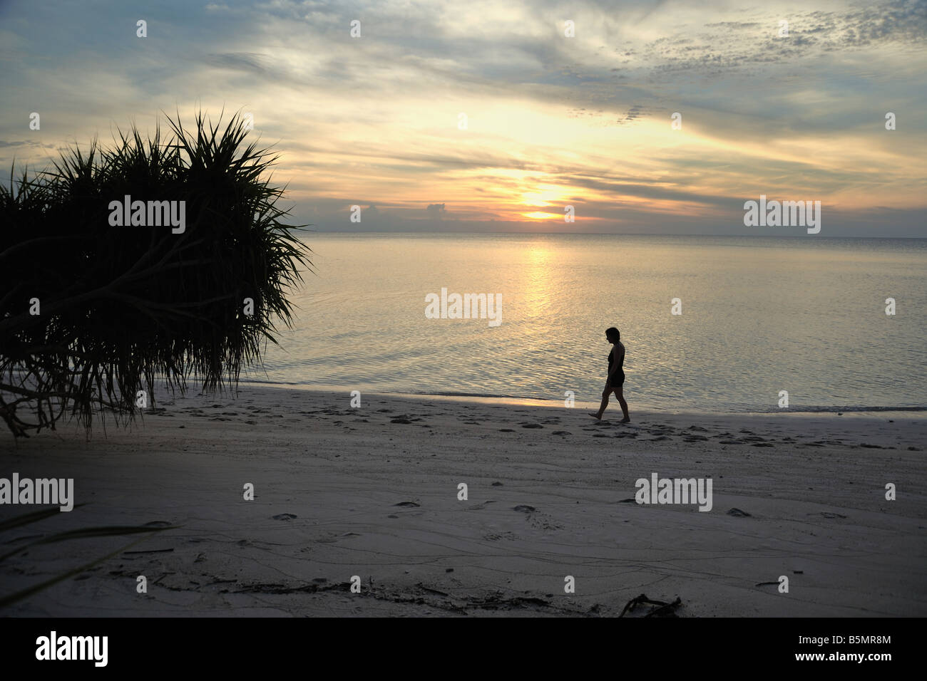 Einsame Figur zu Fuß in den Sonnenuntergang am Strand auf Lankayan Island Dive Resort, Sulusee, Malaysia Stockfoto