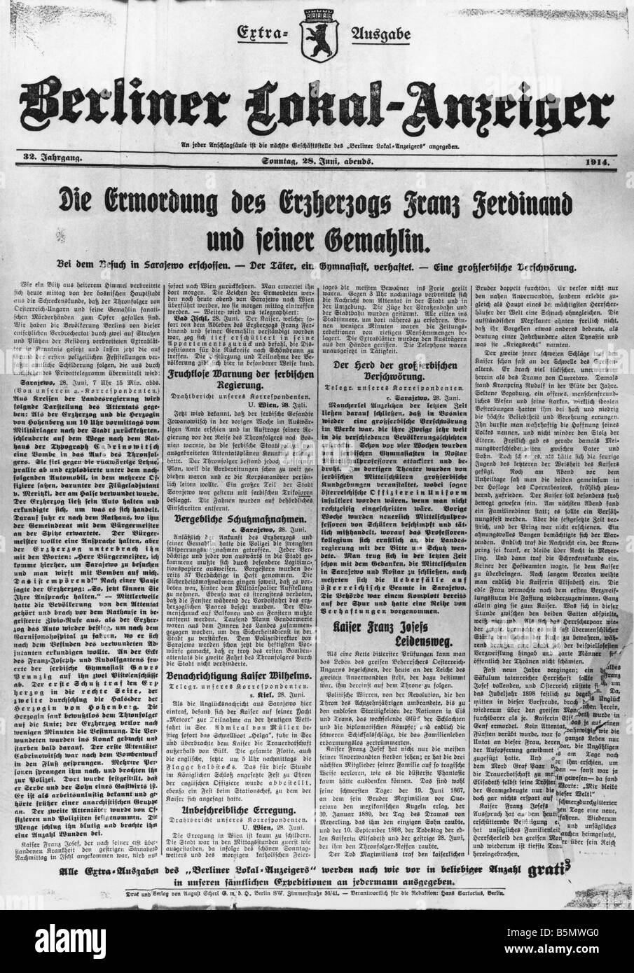 9OE 1914 6 28 A4 Titelblatt der extra-Ausgabe Berl Lokal Vorgeschichte des 1. Weltkrieges Mord an der österreichische ungarische Thronfolger der t Stockfoto