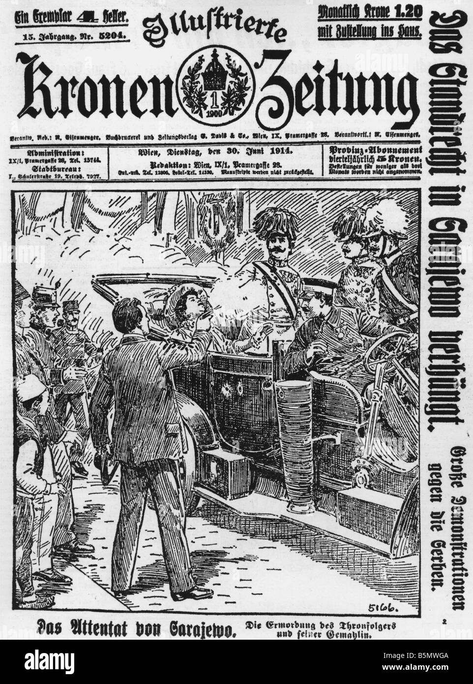9OE 1914 6 28 A6 E Assass von Franz Ferdinand in Sarajevo Vorgeschichte des 1. Weltkrieges Assassinati auf des Austr Hung Erben der Thro Stockfoto