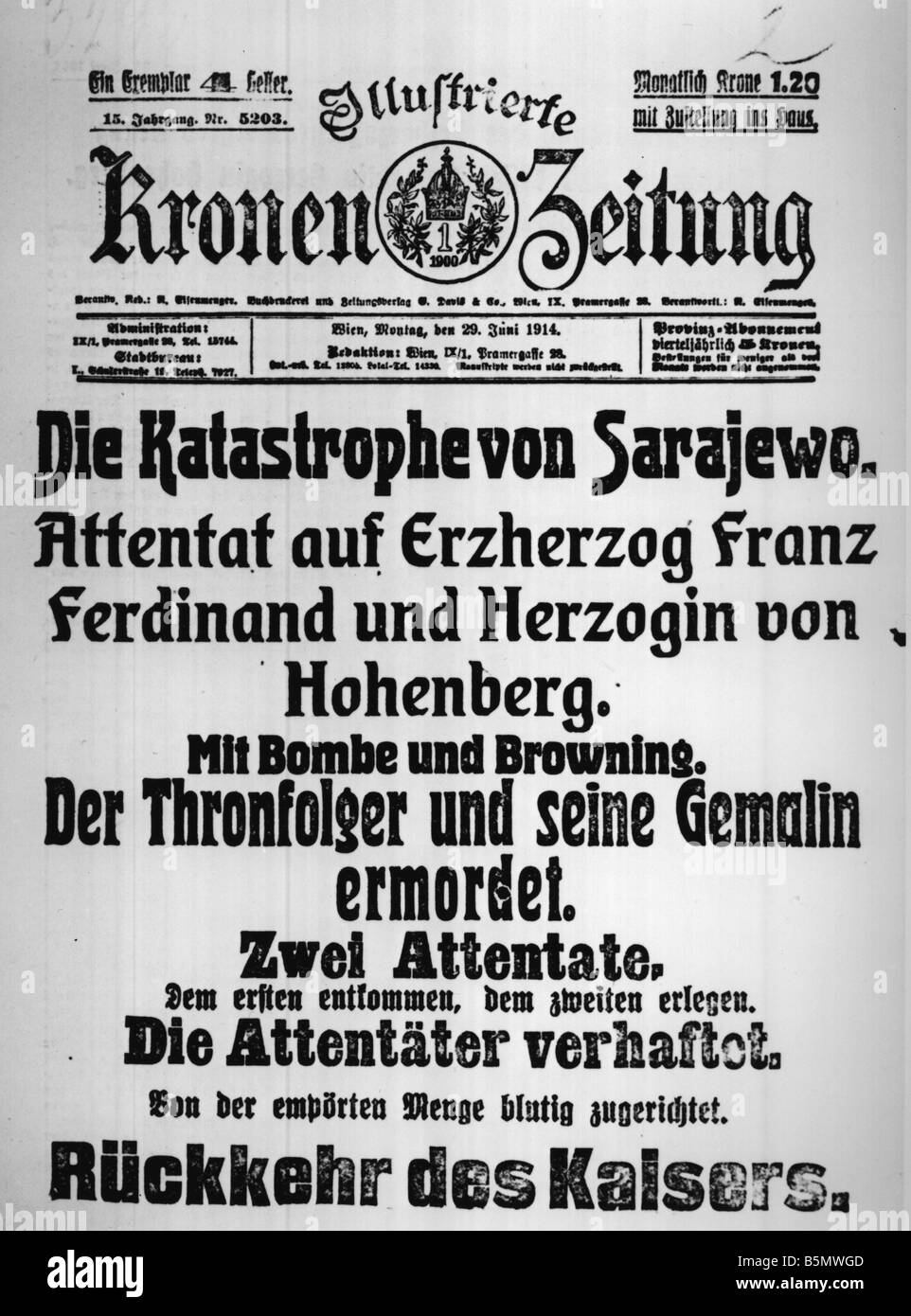 9OE 1914 6 28 E1 1 Assassin Sarajevo 1914 Kronen Zeitung Vorgeschichte des 1. Weltkrieges Ermordung von Austr Hung Erben auf den Thron Stockfoto