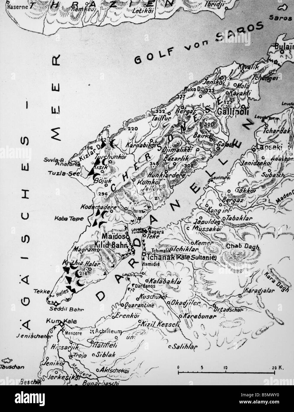 9TK 1915 4 25 F1 1 Schlacht von Gallipoli 1915 Karte 1. Weltkrieg Krieg im Nahen Osten Landung Versuch durch die Alliierten auf die Dardanelle Stockfoto