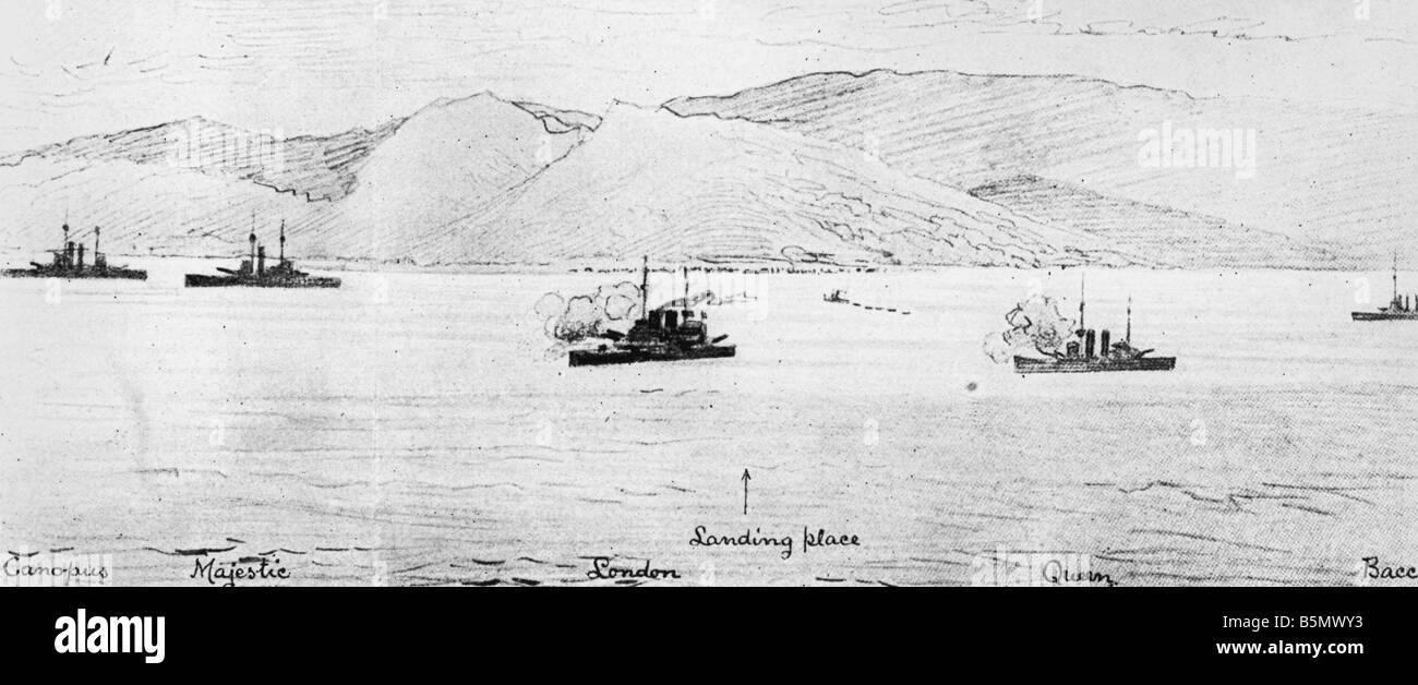 9TK 1915 4 25 F1 Schlacht von Gallipoli 1915 Skizze 1. Weltkrieg Krieg im Nahen Osten Landung Versuch durch die Alliierten auf die Dardanell Stockfoto