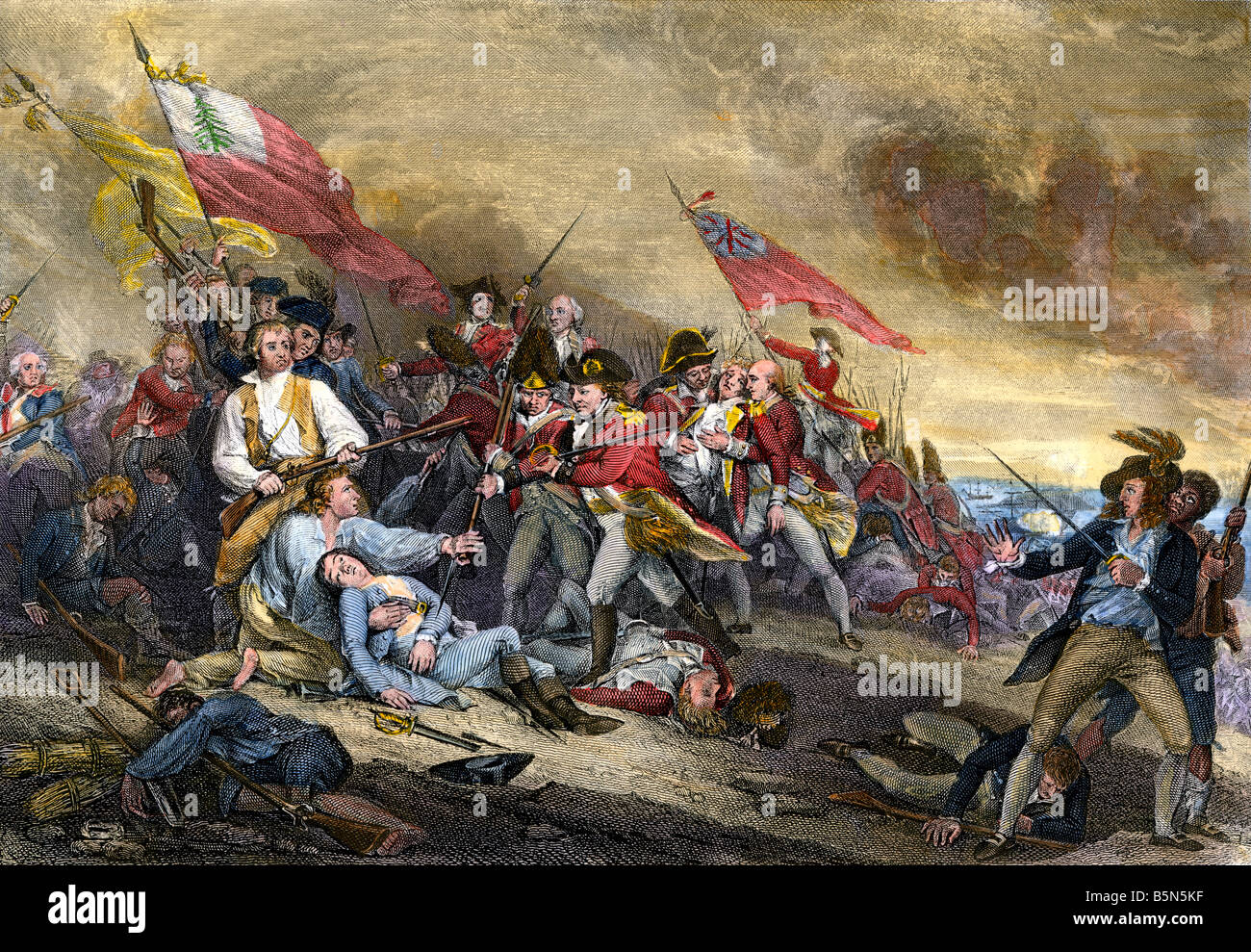 Schlacht von Bunker Hill zu Beginn der Amerikanischen Revolution 1775. Hand - farbige Gravur einer Trumbull Malerei Stockfoto